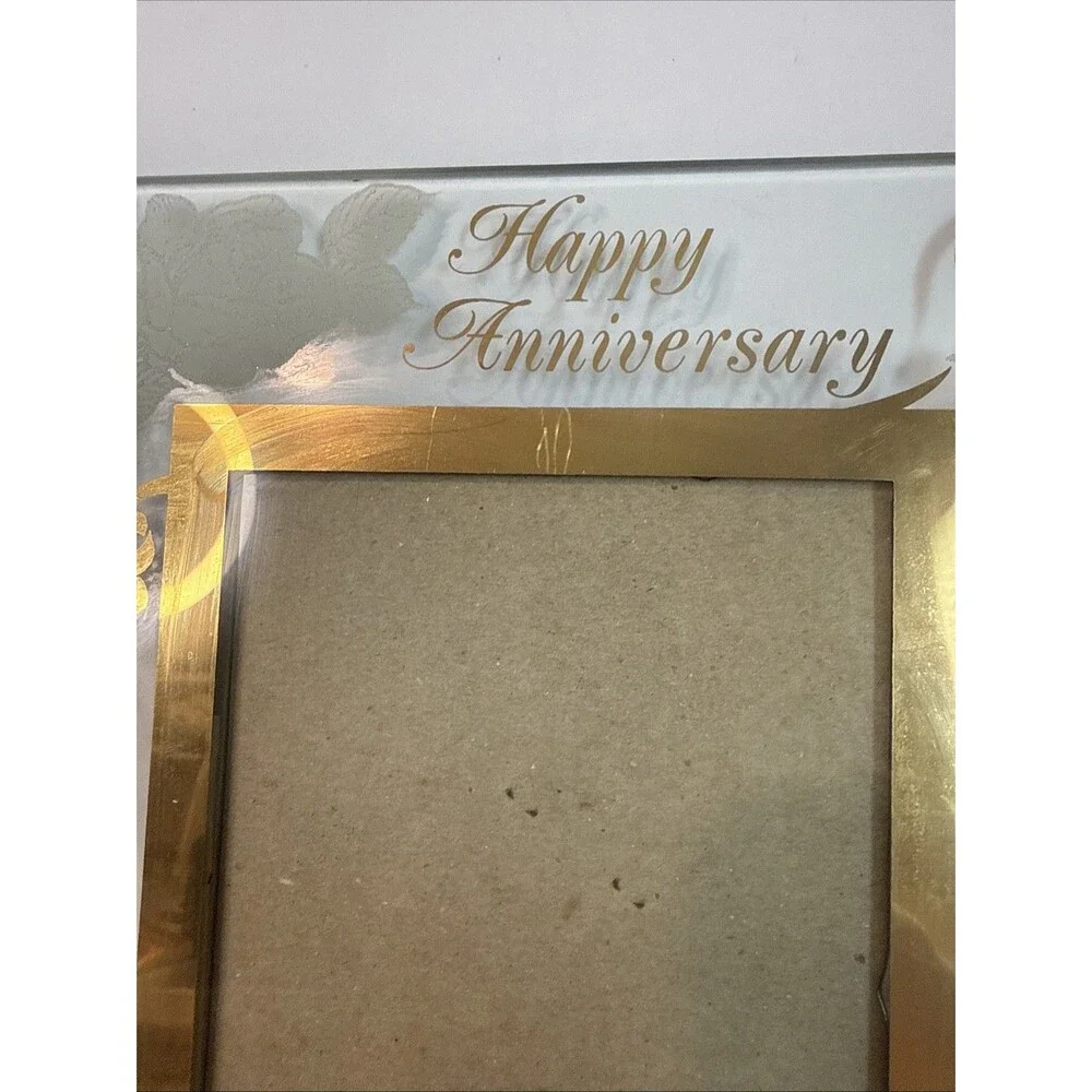 Vintage Glass Happy Anniversary Picture Frame Gold Trim Doves Roses Tabletop 5x7